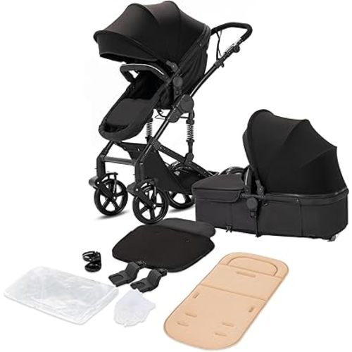 2 in 1 Baby Stroller with Bassinet, Reversible Convertible Infant Bassinet Stroller of One-Click Folding, Newborn Travel Strollers Toddler Standard Pram Carriage Lightweight (Black)