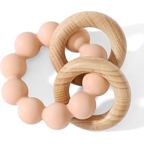 Socub Baby Teething Toys for 0-6 6-12 Months- BPA-Free Food-Grade Silicone & Natural Beech Wood Teether Ring for Newborn Infants Teething Relief- Easy-Grip Sensory Rattle Toys(Blush)