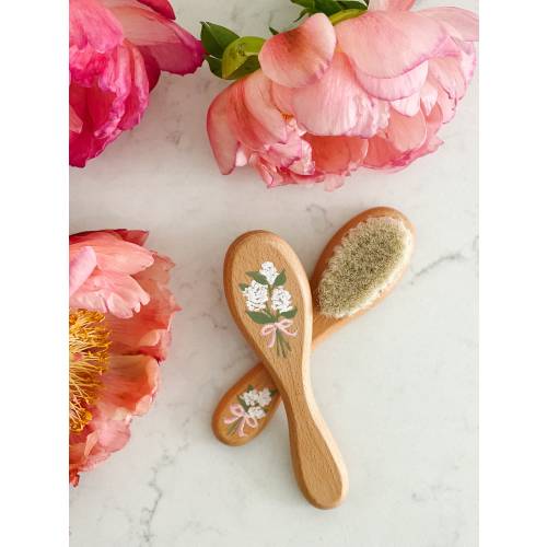 Hand Painted Floral Soft Bristle Hairbrush - Keepsake Baby Shower Gift newborn hydrangea bow brush custom initial hair accessories