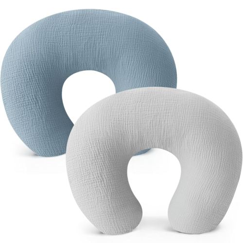 Konssy Muslin Nursing Pillow Covers, Soft and Cute Nursing Covers for Breastfeeding Pillows, Ideal for Newborn Baby Boys and Girls (Grey, Blue) - 2 Pack