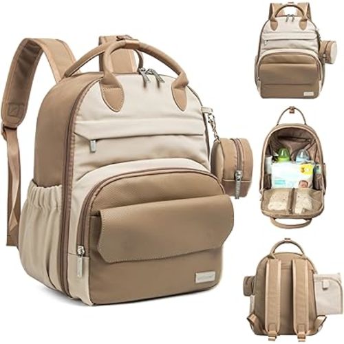 KeaBabies Diaper Bag Backpack - Multifunctional Travel Diaper Back Packs,Maternity Baby Changing Bags, Compact 12L Capacity, PU Leather,Waterproof, Unisex,Stylish Nappy Bag, Diaper Changing Pad(Latte)