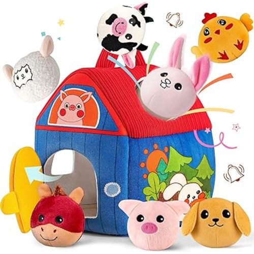 Baby Toys 6-12 Months, Barn with Stuffed Farm Animals, Montessori Toy for Babies, Sensory Toys for Toddlers 1-3, Portable Baby Farmhouse Toy, Birthday Gift for Infants & Toddlers