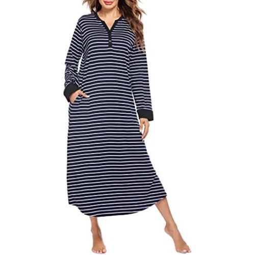 Ekouaer Womens Nightgown Long Loungewear V Neck Nightshirt Sleepwear Full Length Sleepshirt with Pockets