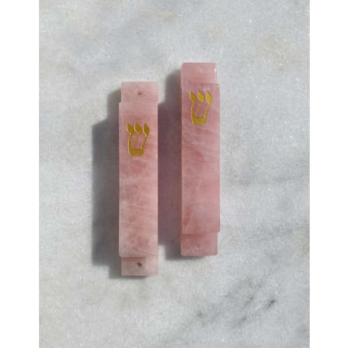 Carved Pink Quartz Stone with Gold Shin Mezuzah
