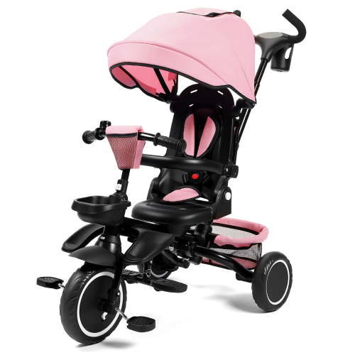 AILEEKISS 8-in-1 Kids Tricycle with Parental Bar, Folding Ride Trike for 1-6 Years, Pink