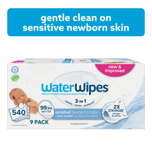 WaterWipes Sensitive Newborn & Baby Wipes, 3-In-1 Cleans, Cares, Protects, 99.9% Water, Unscented & Hypoallergenic, 9 Packs (540 Wipes)