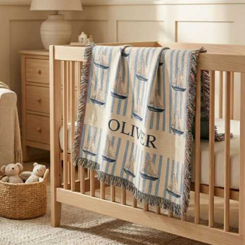 Personalized Nautical Baby Blanket Custom Name Sailboat Throw Baby Boy Blanket Coastal Nursery Decor Blue Striped Blanket Baby Shower Gift