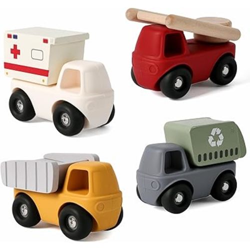 DIY Toy Cars Set for Kids - 4 Vehicles 16 Mix & Match with Silicone Base & Wooden Body (Fire Engine, Ambulance, Garbage Truck, Dump Truck) - No Battery Push & Go - Developmental Learning Toy