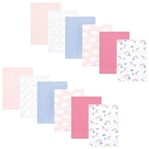 Hudson Baby Infant Girl Cotton Flannel Burp Cloths Bundle, Unicorns Rainbows, One Size
