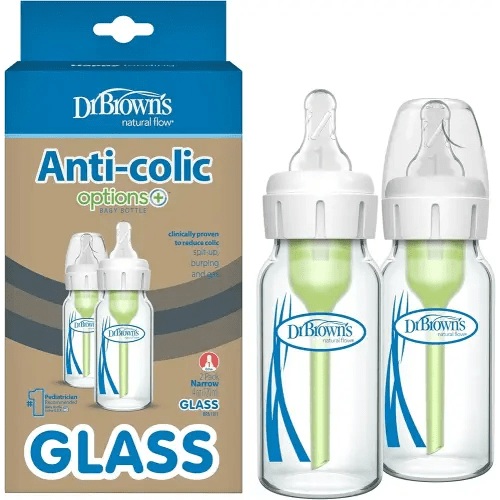 Dr. Brown’s Natural Flow® Anti-Colic Options+™ Narrow Glass Baby Bottles, 2-Pack, 4 oz /120 mL