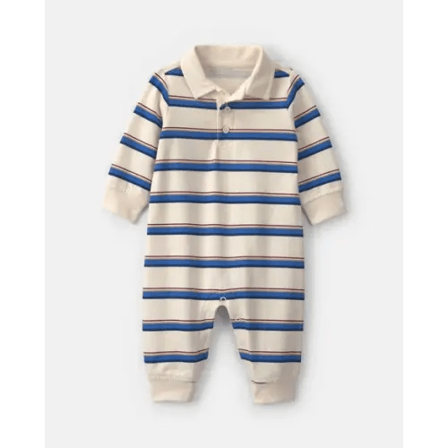 Baby Boy Striped French Terry Long-Sleeve Jumpsuit - Blue/Cream | Carter's