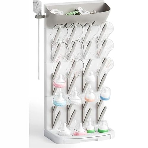SuoXing Vertical Baby Bottle Drying Rack with Brush- Hold 24 Bottles - Large Breast Pump,Bottle Dryer Rack for Kitchen Countertop,Space Saving Bottle Stand Holder for Pacifiers,Pump Accessories,Grey