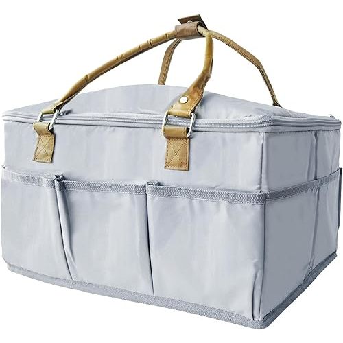 Diaper Caddy Organizer with Lid & Changing Mat - Portable Large Grey Nursery Storage Bin for Changing Table, Car, Travel | Includes Zip-Top Cover | Newborn Essentials Must-Have