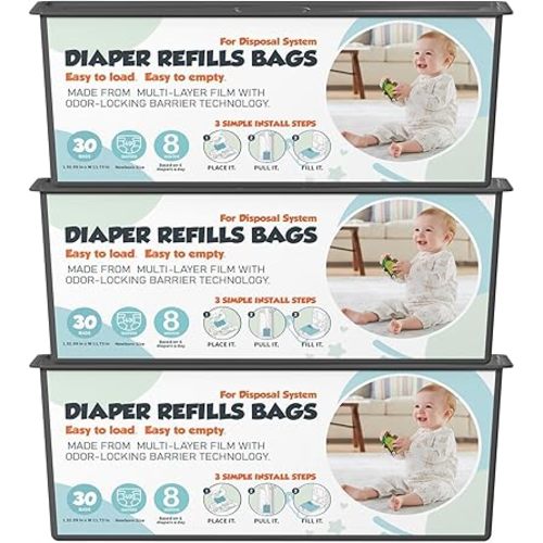 Diaper Pail Refills Bags with 30 Bags Compatible with Genie Easy Roll Signature and Platinum Diaper Pails, 7-Layer Odor-Barrier Technology, 3 Pack (90 Bags)