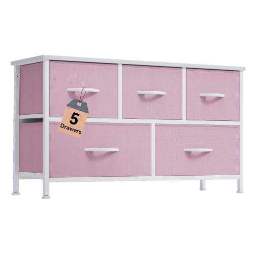 edx 5 Drawers Fabric Dresser for Bedroom, Storage Organizer, Wide Chest of Drawers for Closet, Clothes, TV Stand, Wood Board, Pink