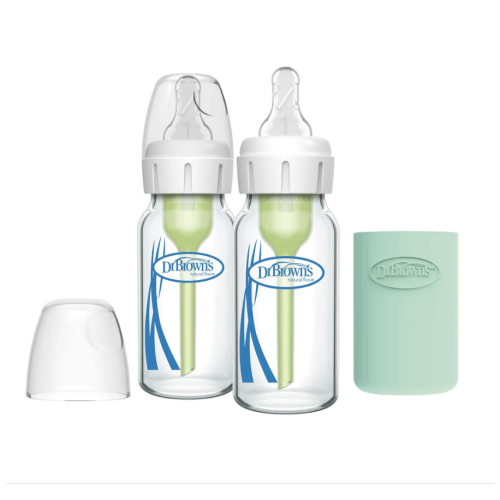 Dr. Brown's Natural Flow Anti-Colic Options+ Narrow Glass Baby Bottle with Silicone Sleeve, 2-Pack