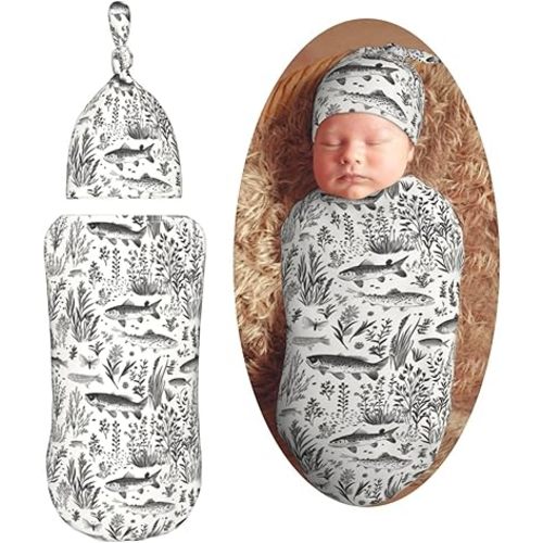 Retro Fishing Meadow Newborn Swaddle Blanket Hat Sets Soft Baby Receiving Blankets Swaddle Sack for Baby Shower Infant Boy Girl Gift