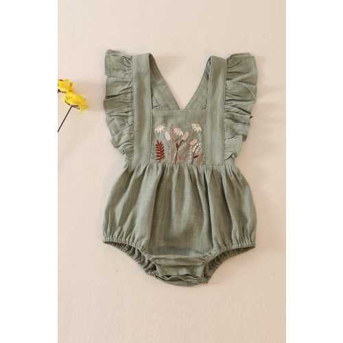 Petal & Pine Girl's Boutique Sage Green Floral Embroidered Linen Ruffle Strap Bubble Button Romper Matching Sibling