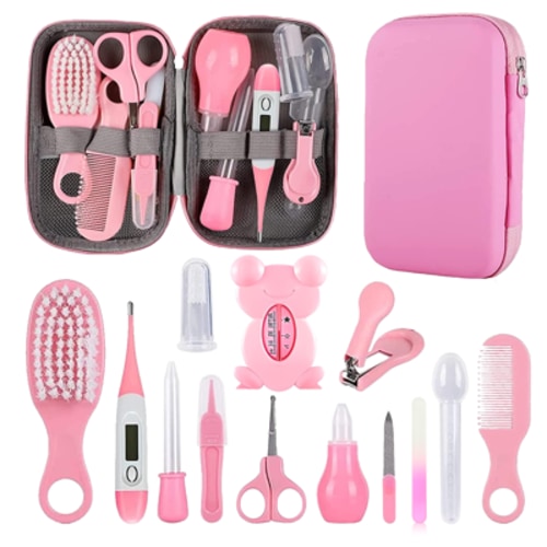 Baby Grooming Kit, Infant Safety Care Set with Hair Brush Comb Nail Clipper Nasal Aspirator for Newborn Girls Boys (Pink)