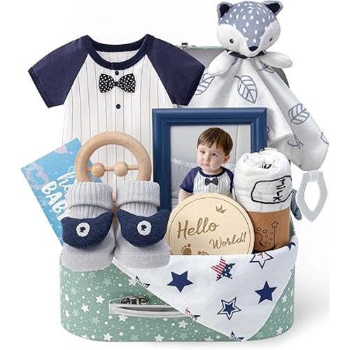 Golray Baby Boy Gifts for Baby Shower, 10pcs Newborn Essential with Fox Lovey/Blanket/Onesie/Wooden Rattle/Socks/Bib/Suitcase, Welcome Baby Gift Box Gender Reveal Infant Boy Gift Basket Set 0-6 Month