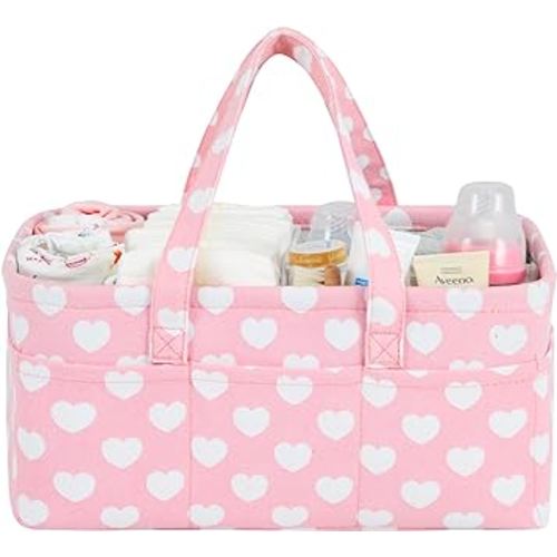 Diaper Caddy Organizer for Baby Girl-Nursery Storage Bin-Portable Car Organizer for Diapers and Baby Wipes- Baby Shower Registry Basket Newborn Must Have Tote Caddy Bag(Pink Heart)