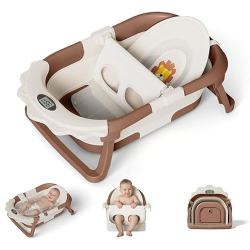 MoreFeel Foldable Baby Bathtub with Thermometer - 4-in-1 Grow-with-Me Collapsible Infant Tub (Newborn to Toddler) with Adjustable Mesh Sling - Space Saving Design