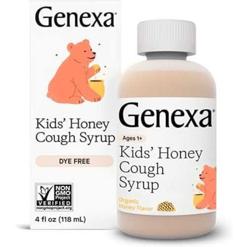 Genexa Kids’ Organic Honey Cough Syrup, Dye Free, 0% Artificial Additives, Children's Cough Remedy for Kids 2-11, Soothing Natural Honey Flavor, Gluten Free, & Non-GMO 4 fl oz