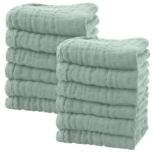 SWEET DOLPHIN 12 Pack Baby Muslin Washcloths - Soft Face Cloths for Newborn, Absorbent Bath Wash Cloths, Wipes, Burp Rag - Toddlers Essentials Stuff, Baby Registry as Shower -10"x10", Green