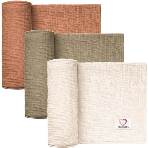 Bearmoss Muslin Swaddle Blankets 100% Cotton Baby Swaddle Blankets 45x45in, Super Soft Breathable Receiving Blankets for Unisex Baby Boys Girls (3Pack Nutty Sauce)
