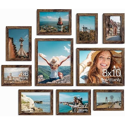 Vittanly 10 Pack Picture Frames Collage Wall Decor, Gallery Wall Frame Set for Wall or Tabletop Display, Engineered Wood and Shatter-resistant Plexiglass, Multi Sizes with 8x10, 5x7, 4x6 Frames, Brown