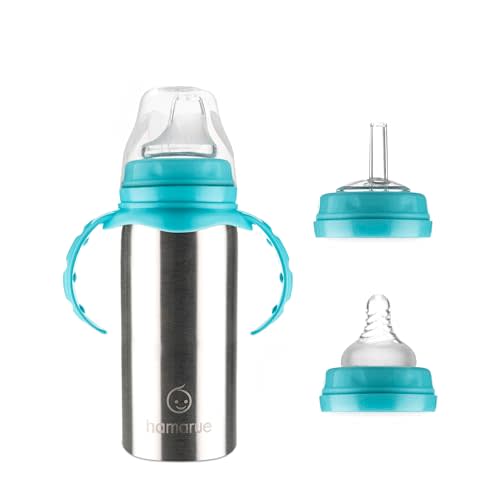 Hamarue 3-in-1 Stainless Steel Sippy Cups for Toddlers | Non-Toxic Insulated Stainless Steel Baby Bottle | Straw Cup with Removeable Handles | Plastic Free Liquid Transfer (Teal, 6 oz)