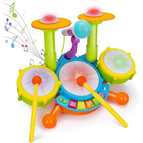 Kids Drum Set Musical Toys for Toddlers 1-3 with 2 Sticks Microphone Instruments Piano Light Up 1 Year Old Boy Girl Gifts 6 12 18 Month Learning Developmental Toddler Age 2-4 Birthday Gift