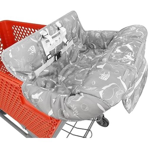 Housses de chariot de courses et de chaise haute portables 2 en 1 pour bébés, enfants, nourrissons, tout-petits | Taille universelle avec sac de transport gratuit (Grey Seaworld)