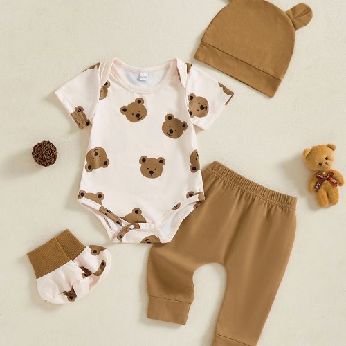 3-6 Months Baby Boy Summer Outfits Bear Print Short Sleeve Round Neck Romper with Pants and Hat Shoes Set, for Outdoor