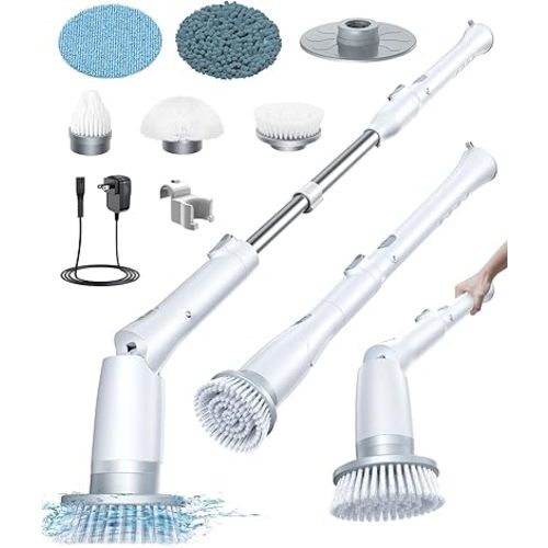 LABIGO Electric Spin Scrubber LA3 Pro, Cordless Bathroom Scrubber with 3 Adjustable Angle, 5 Replacement Head, Household Power Cleaning Brush with Extension Arm for Bathtub Window Car Tile Floor