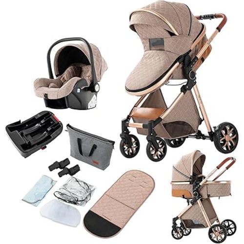 3 in 1 Baby Travel System, Reversible Baby Stroller, Pushchair Luxury Baby High Landscape Pram, Portable Standard Pram Buggy, Foldable Baby Carriage for Newborn Toddler (UDV9-KHAKI with Base)