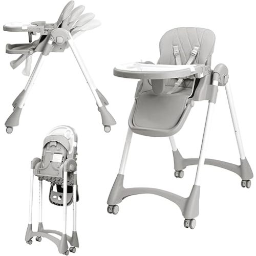 JOYMOR Foldable Baby High Chair, 4 in 1 Convertible Highchair for Eating, Height Adjustble and Multiple Recline, Compact Foldable Design for Easy Storage (Gray)