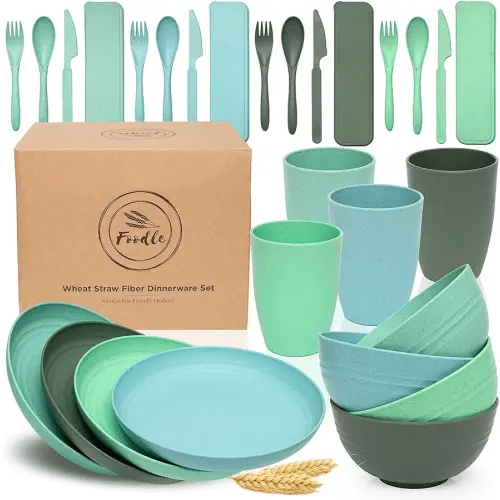 FOODLE Wheat Straw Dinnerware Set - BPA Free & Safety Tested - Microwave & Dishwasher Safe Dishes - Perfect for Camping, Picnic, RV, Dorm - Plates, Cups and Bowls - Great for Kids & Adults - For 4
