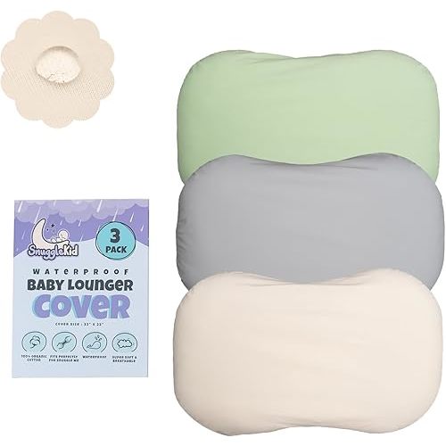 100% Waterproof Baby Lounger Cover - 2-Ply Organic Cotton Slipcovers Keep Your Lounger Clean & Your Baby Comfy - Machine Washable - (Lounger Not Included) - 3-Pack Includes Gray, Off-White & Sage