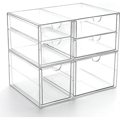 Prsildan Acrylic Drawer Makeup Organizer with 6 Drawers, Set of 2 Office Desk Organizers Accessories, Clear Stackable Storage Drawers for Vanity, Countertop, Craft, Jewelry, Art Supply Organization