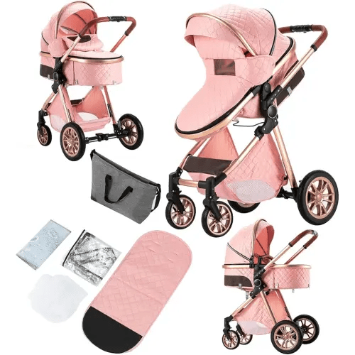2 in 1 Baby Stroller with Bassinet, Convertible Pram, Reversible Standard Baby Stroller, Portable Baby Buggy, Infant Carriage, Foldable High Landscape Pushchair for Toddler Newborn (2USV9-PINK)
