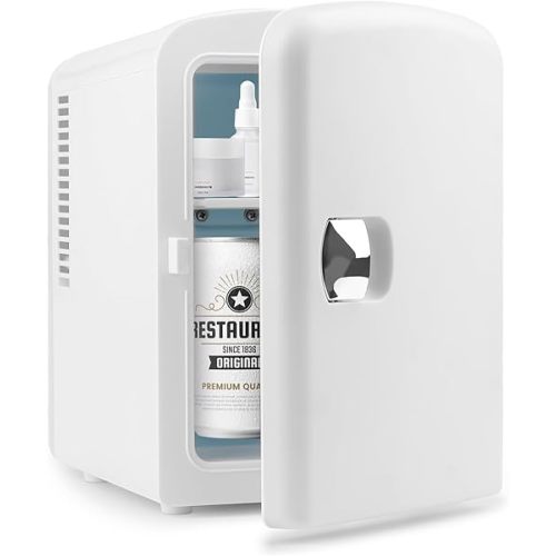 Personal Chiller Portable Mini Fridge Cooler and Warmer, 4 Liter Capacity Chills 6 Cans, Snacks, and Skincare Products, A/C Operation, 100% Freon-Free (White)
