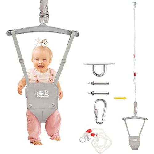 FUNLIO Baby Jumper with a Ceiling Hook for 6-24 Months, Baby Door Jumper for Indoor/Outdoor Play, Infant Jumper Doorway with Adjustable Chain, Easy to Assemble & Store (with a Ceiling Hook)- Grey