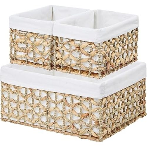 Vagusicc Wicker Basket, Set of 3 Hand-woven Water Hyacinth Storage Baskets for Organizing, Large Wicker Storage Basket Bins with Handles, Small Toilet Paper Storage Baskets for Shelves & Decor