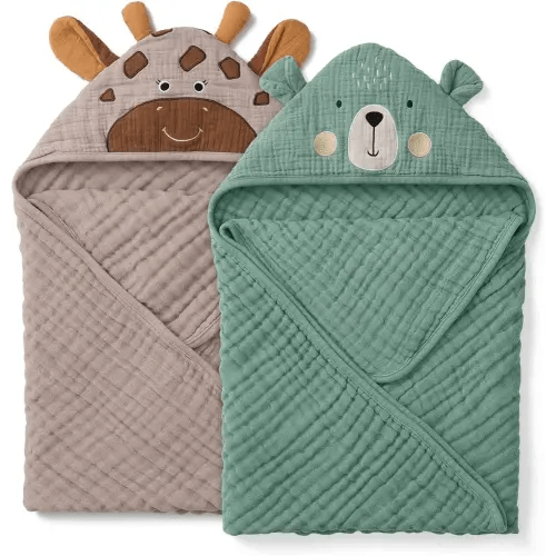 100% Muslin Cotton Baby Hooded Towels, 2 Pack, Soft & Absorbent Bath Towels for Infant, Bear & Giraffe