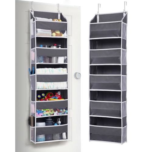 ULG 1 Pack Over Door Organizer with 5 Large Pockets 10 Mesh Side Pockets, 44 lbs Weight Capacity Hanging Storage Organizer with Clear Window Kids Toys, Shoes, Diapers, Dark Grey, 5 Layers
