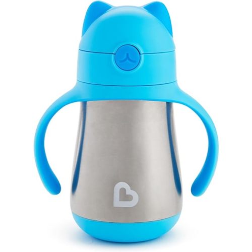 Munchkin Cool Cat Sippy Cup with Straw for Toddlers, Stainless Steel Straw Cup, 8 Ounce, Blue