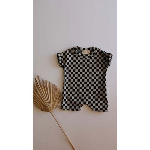 Short Sleeve Ribbed Romper | Black & Grey Checkerboard