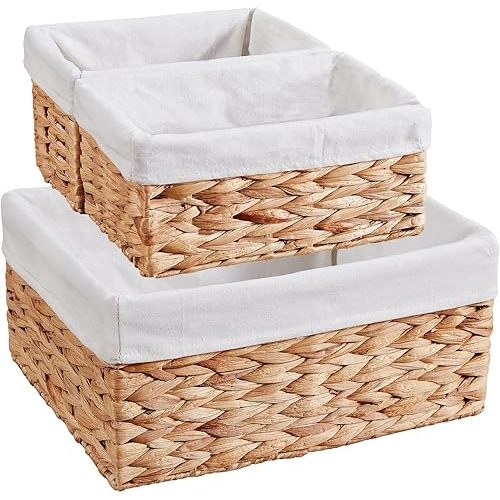 Vagusicc Wicker Basket, 3-Pack Water Hyacinth Wicker Storage Basket with Handles, Storage Baskets for Organizing, Large Hyacinth Storage Baskets for Shelves with Liner (Water Hyacinth Baskets Set)