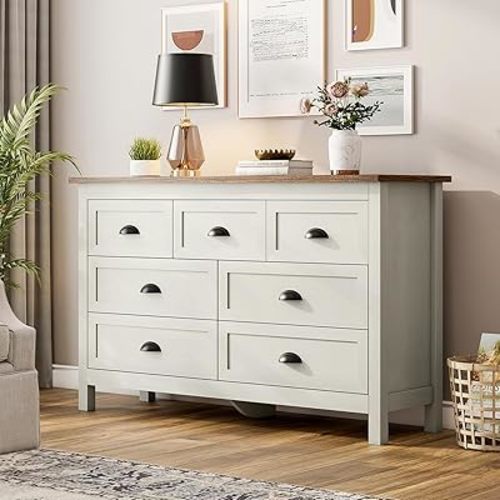Farmhouse White Dresser for Bedroom 7 Drawer, Wooden Tall Rustic Dresser for Bedroom, Hallway (Antique White)